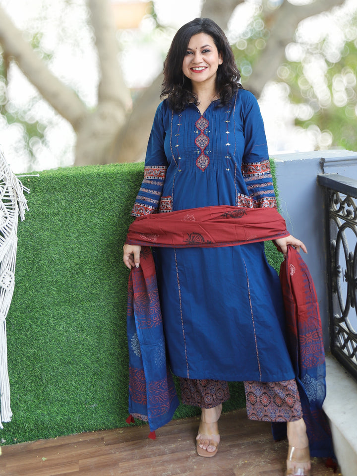 Sundri Blue Pintuck with Ajrak Print Patch and Mirror Work Cotton 3 Piece Set