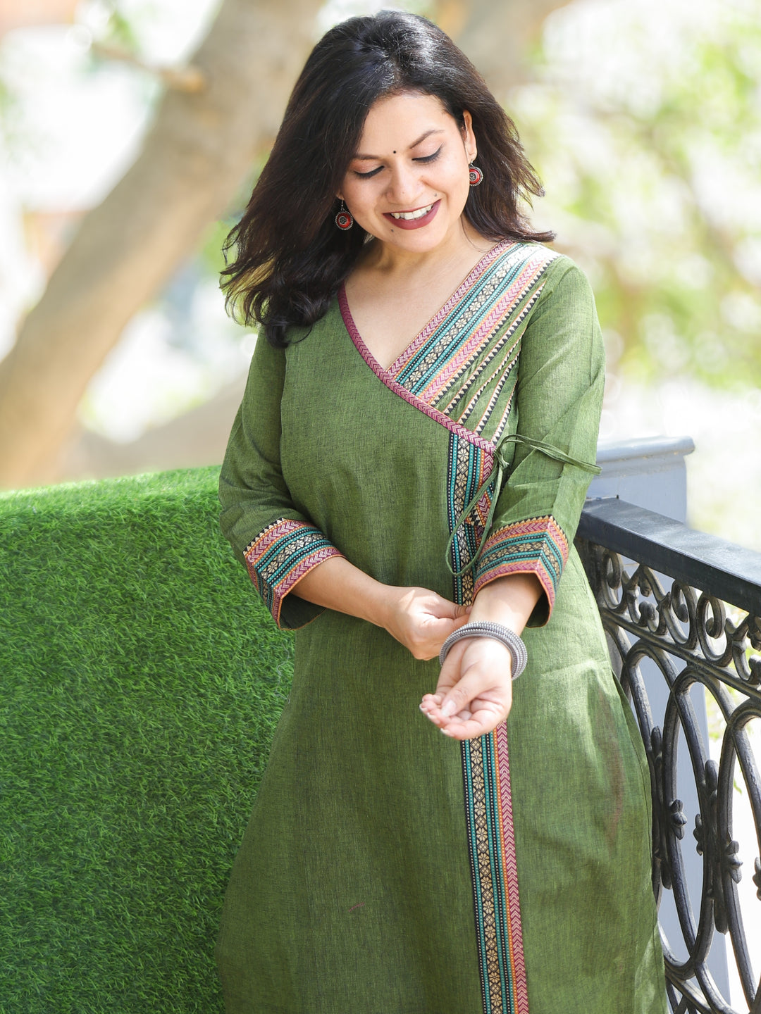 Sunaina Mehndi Green Angrakha Neck with Temple Lace Work South Cotton Kurti
