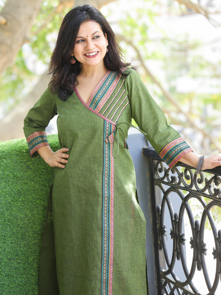 Sunaina Mehndi Green Angrakha Neck with Temple Lace Work South Cotton Kurti