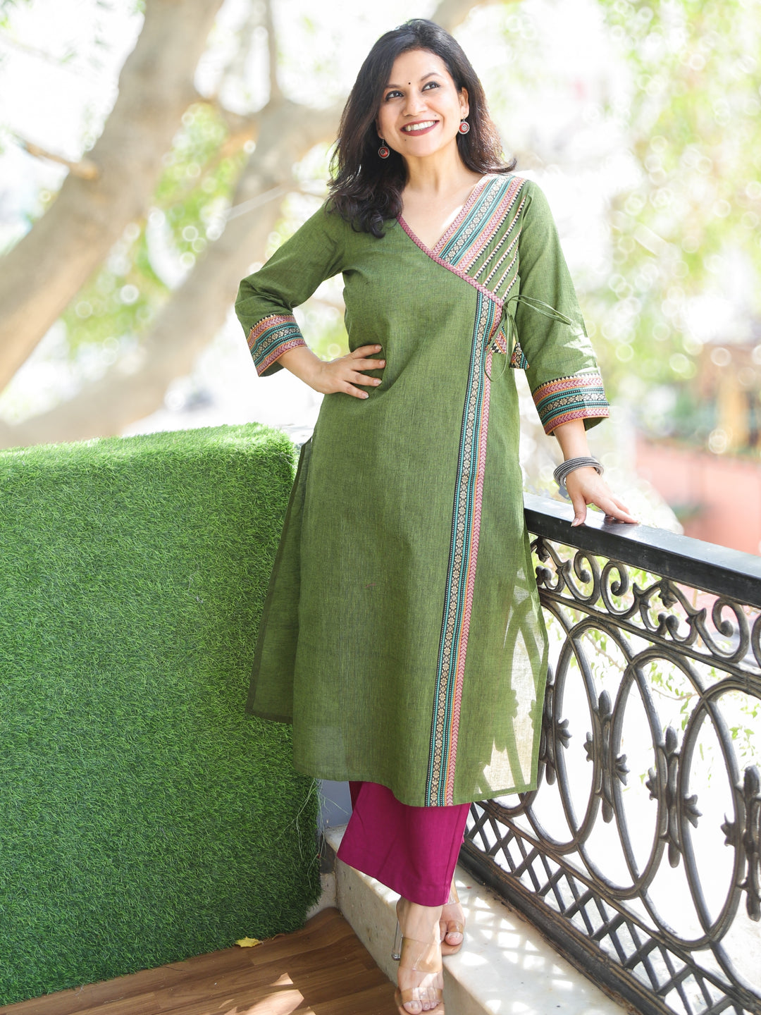 Sunaina Mehndi Green Angrakha Neck with Temple Lace Work South Cotton Kurti