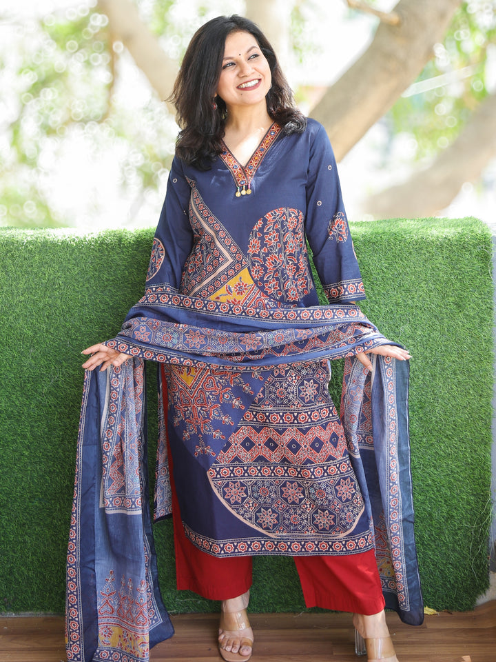 Sundari Navy Blue V Neck Lace with Coin Work Printed Cotton 3 Piece Set