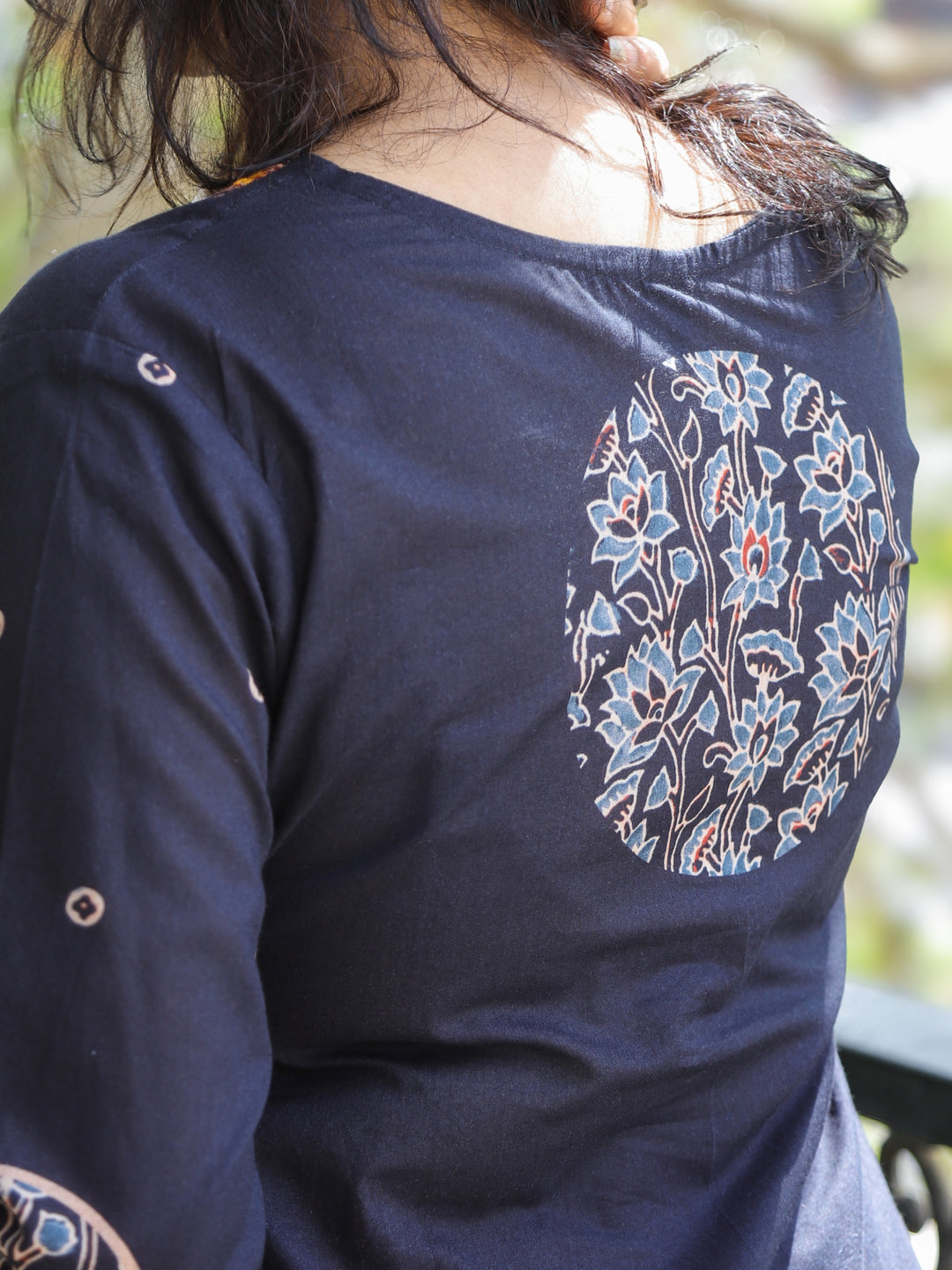Sundari Faded Black V Neck Lace with Coin Work Printed Cotton 3 Piece Set