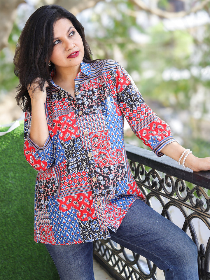Premika Red and Blue Ajrak Patches Print with Button Work Short Cotton Shirt