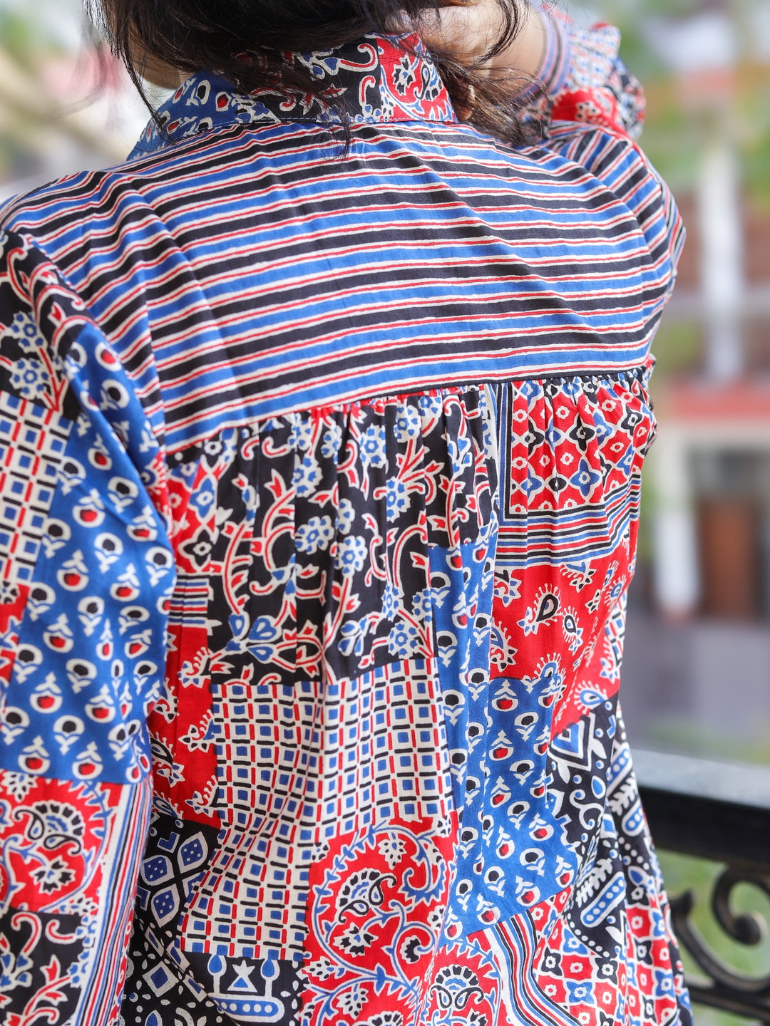 Premika Red and Blue Ajrak Patches Print with Button Work Short Cotton Shirt