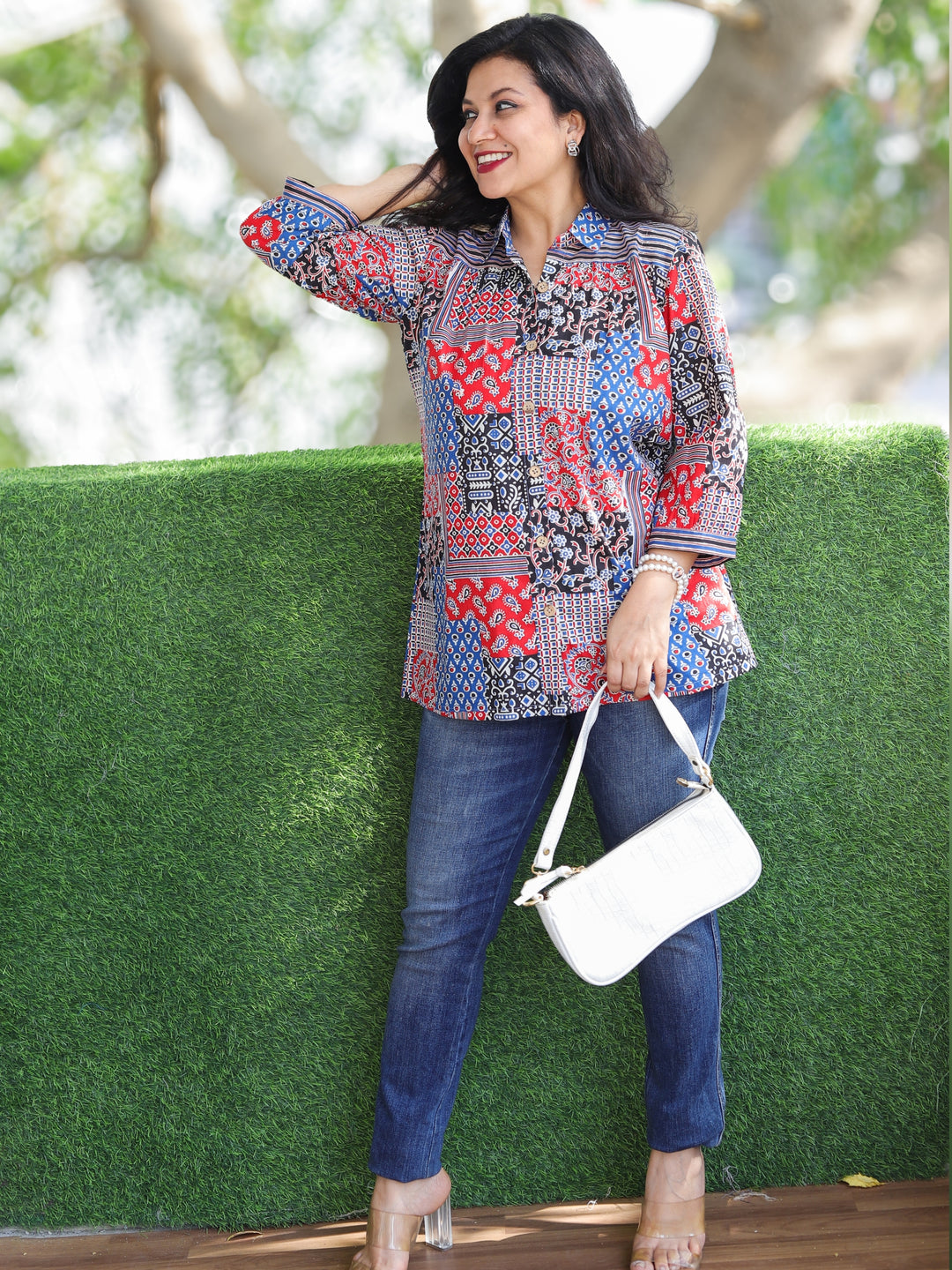 Premika Red and Blue Ajrak Patches Print with Button Work Short Cotton Shirt