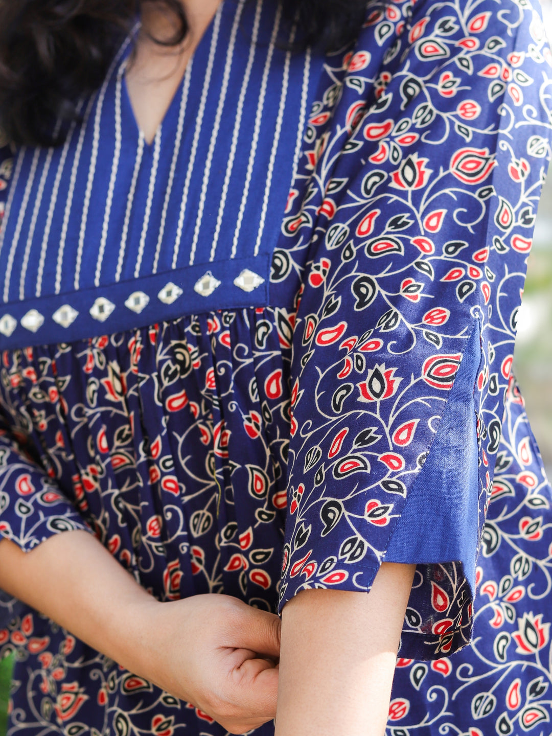 Sundri Royal Blue Floral Print with Running Work Short Peplum Cotton Kurti