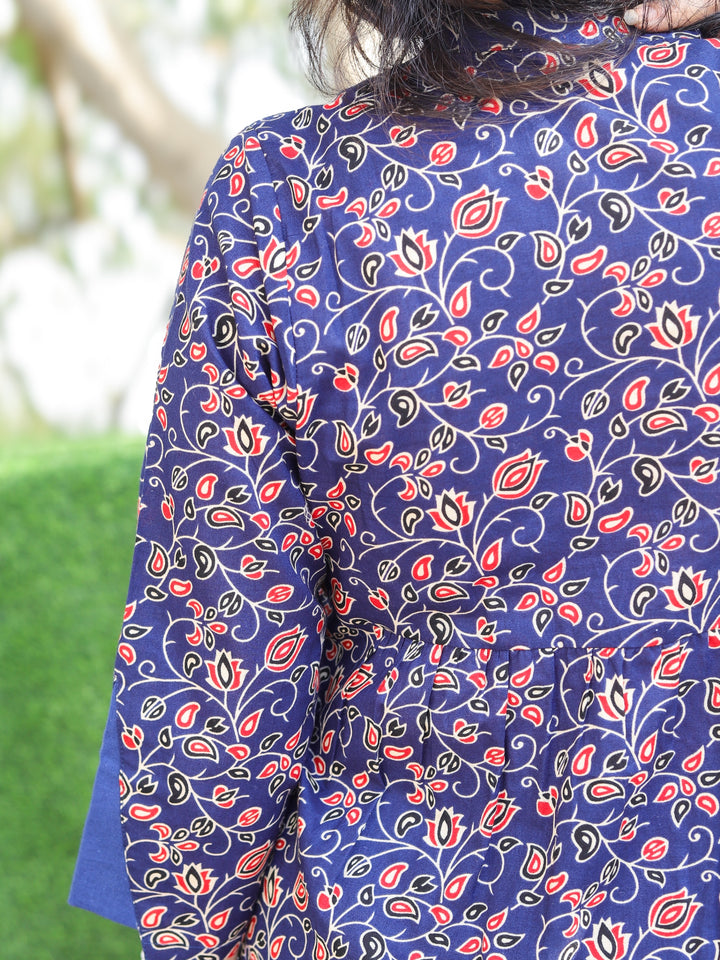 Sundri Royal Blue Floral Print with Running Work Short Peplum Cotton Kurti