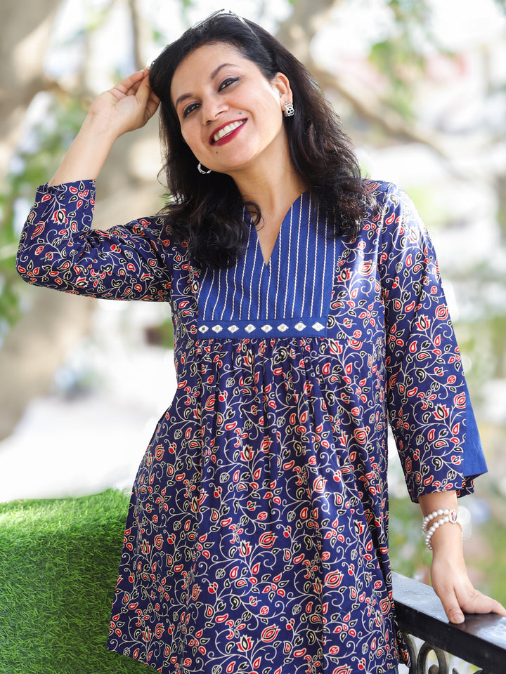 Sundri Royal Blue Floral Print with Running Work Short Peplum Cotton Kurti
