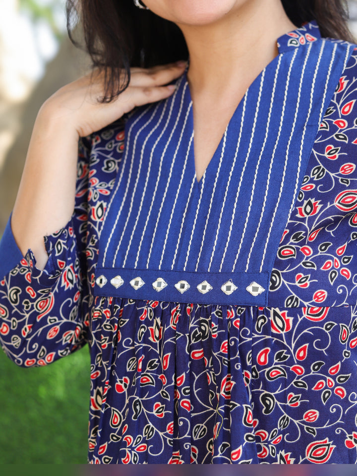 Sundri Royal Blue Floral Print with Running Work Short Peplum Cotton Kurti