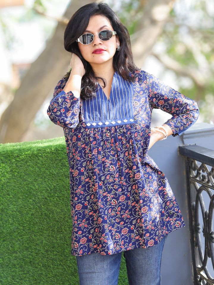 Sundri Royal Blue Floral Print with Running Work Short Peplum Cotton Kurti
