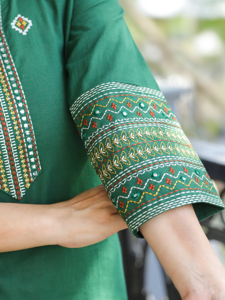 Kashish Carnation Green Thread Work with Patra Detailing Cotton Kurti