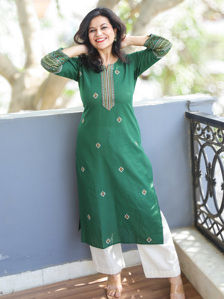 Kashish Carnation Green Thread Work with Patra Detailing Cotton Kurti