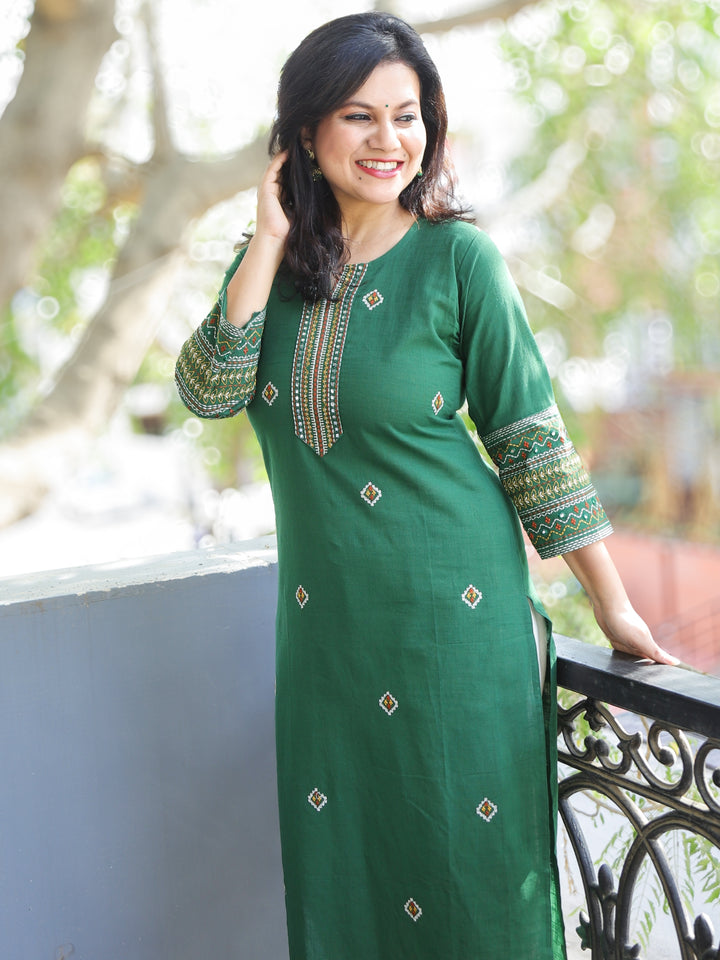 Kashish Carnation Green Thread Work with Patra Detailing Cotton Kurti