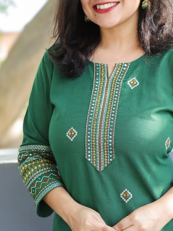 Kashish Carnation Green Thread Work with Patra Detailing Cotton Kurti