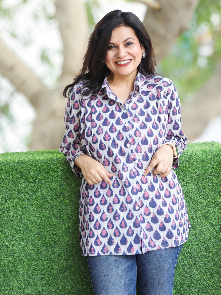 Aashru Shell White with Blue Tear Drop Printed Button Work Short Cotton Shirt