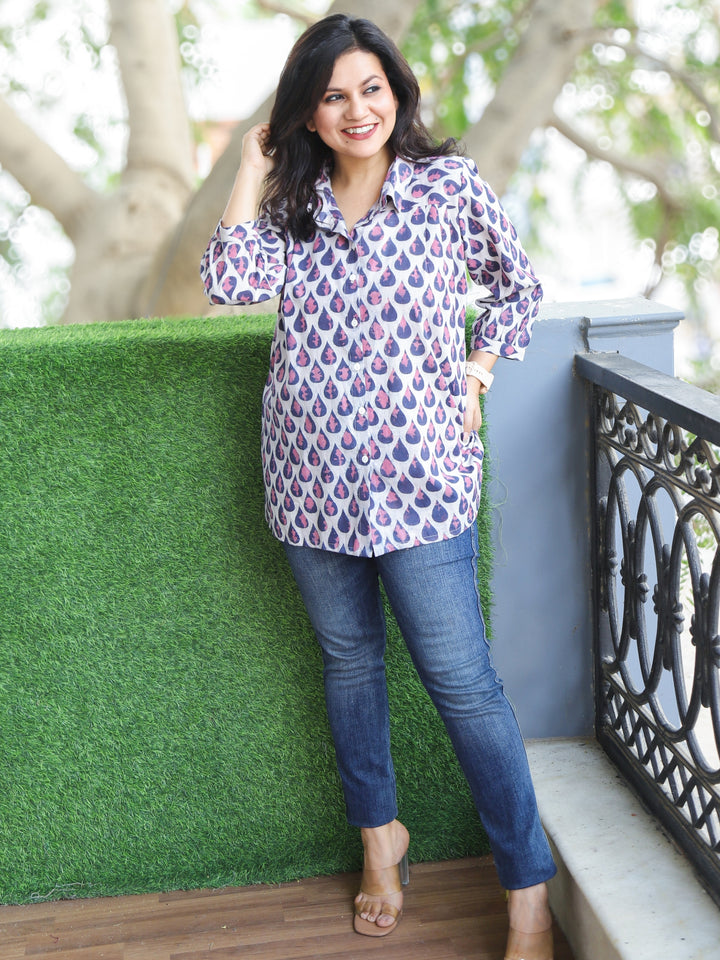 Aashru Shell White with Blue Tear Drop Printed Button Work Short Cotton Shirt