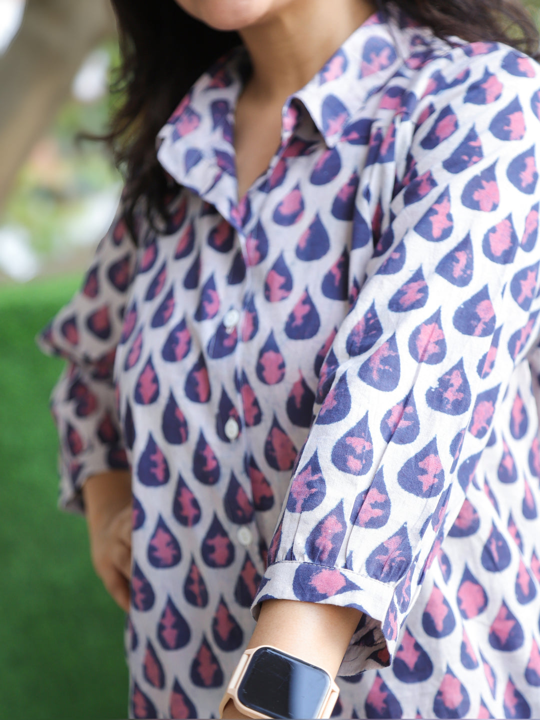 Aashru Shell White with Blue Tear Drop Printed Button Work Short Cotton Shirt