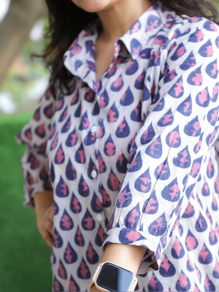 Aashru Shell White with Blue Tear Drop Printed Button Work Short Cotton Shirt
