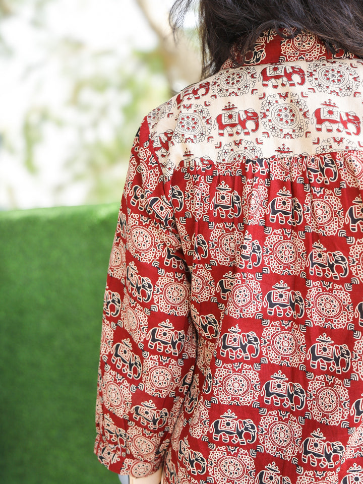 Premika Ruby Red Ajrak with Elephant Print and Button Work Short Cotton Shirt