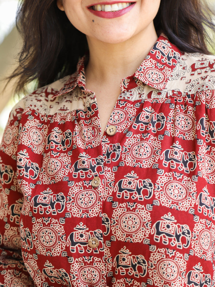 Premika Ruby Red Ajrak with Elephant Print and Button Work Short Cotton Shirt