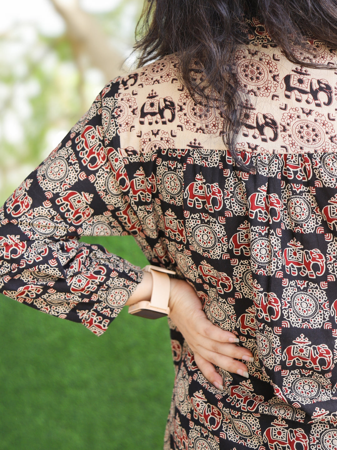 Premika Oil Black Ajrak with Elephant Print and Button Work Short Cotton Shirt