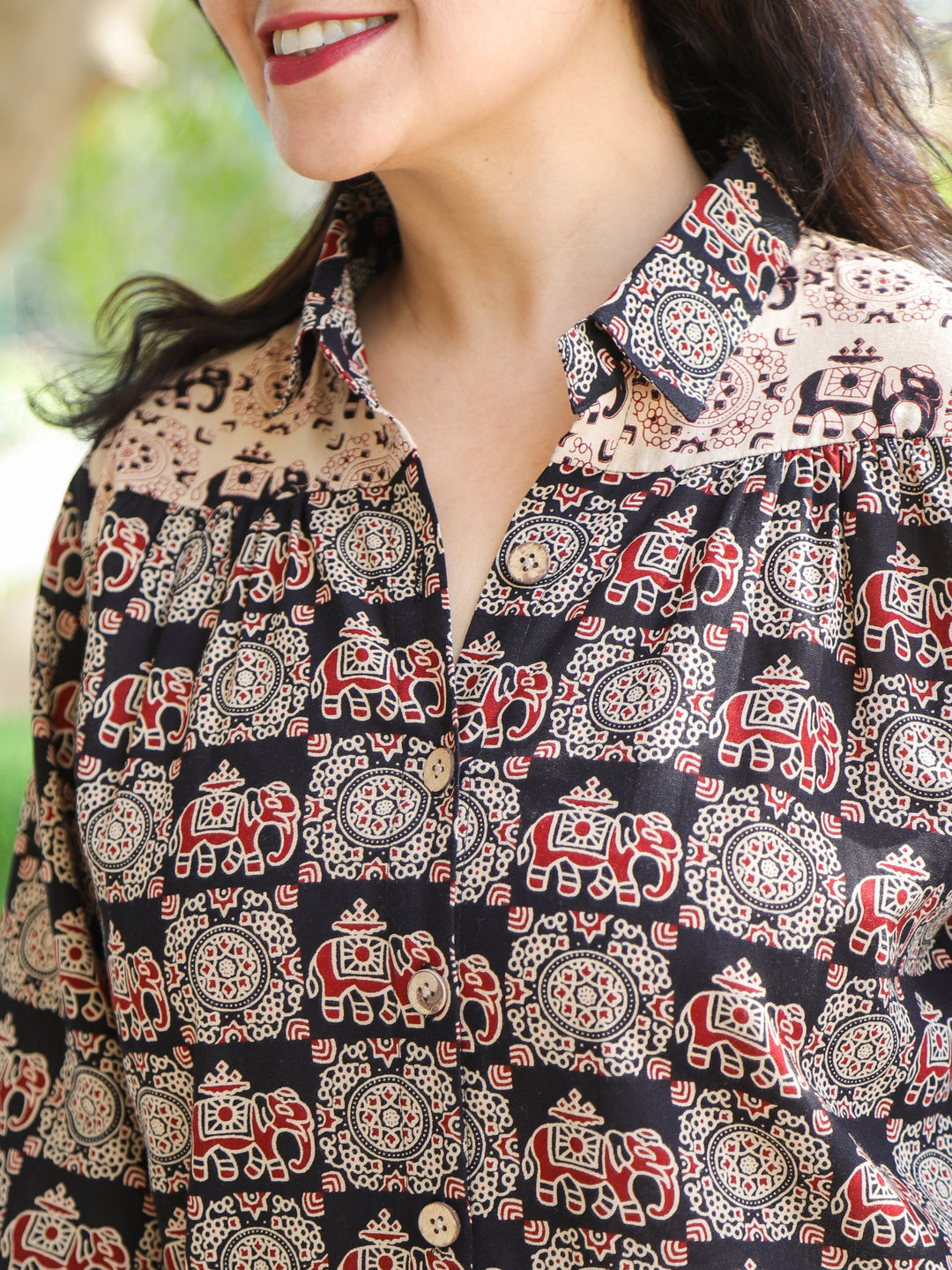 Premika Oil Black Ajrak with Elephant Print and Button Work Short Cotton Shirt