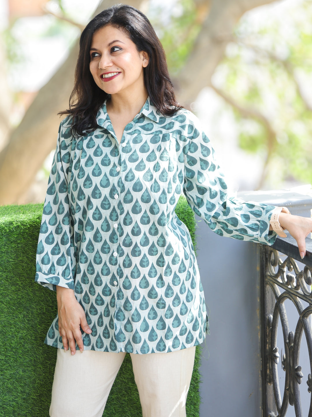 Aashru Shell White with Green Tear Drop Printed Button Work Short Cotton Shirt
