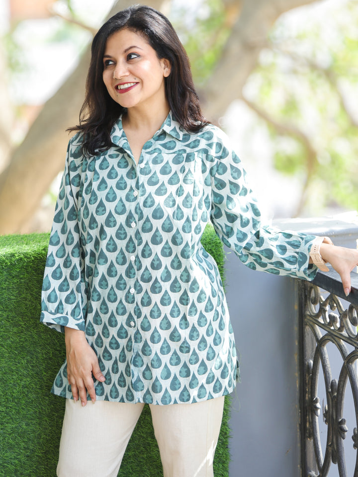 Aashru Shell White with Green Tear Drop Printed Button Work Short Cotton Shirt