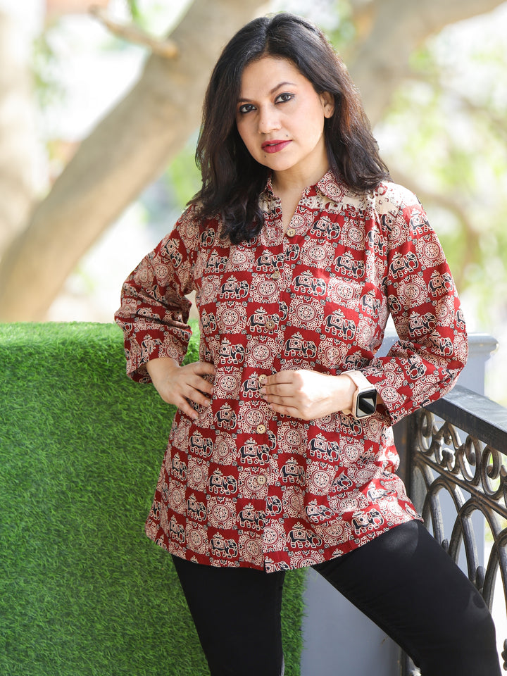 Premika Ruby Red Ajrak with Elephant Print and Button Work Short Cotton Shirt