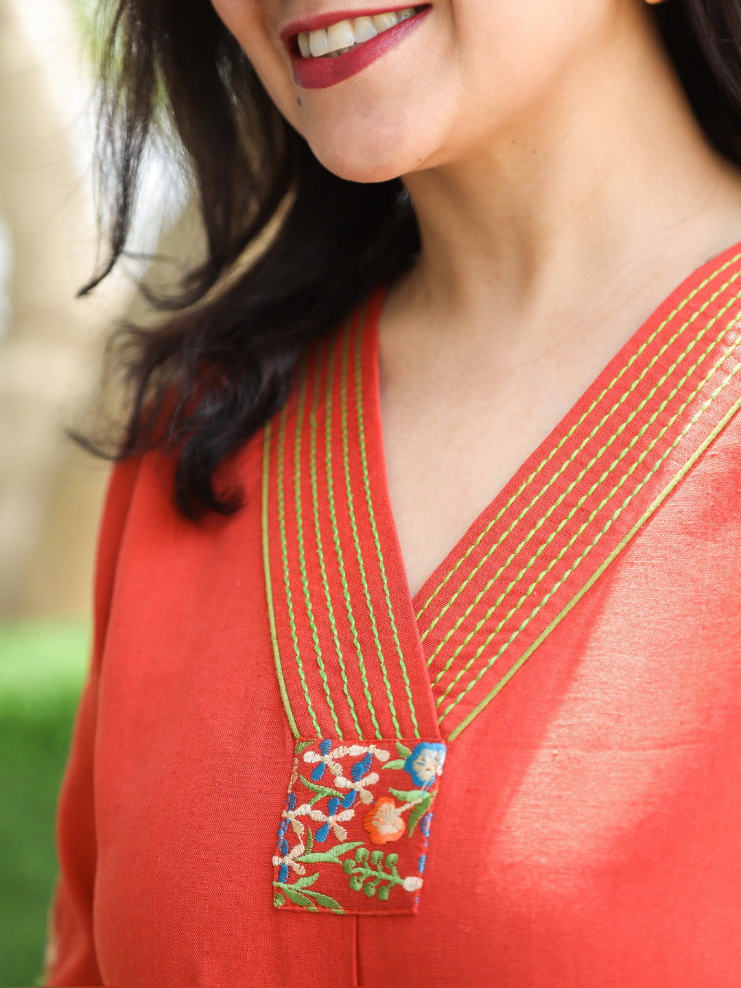 Belliza Rust Orange with Embroidered V Neck and Sleeve Work Short Cotton Kurti