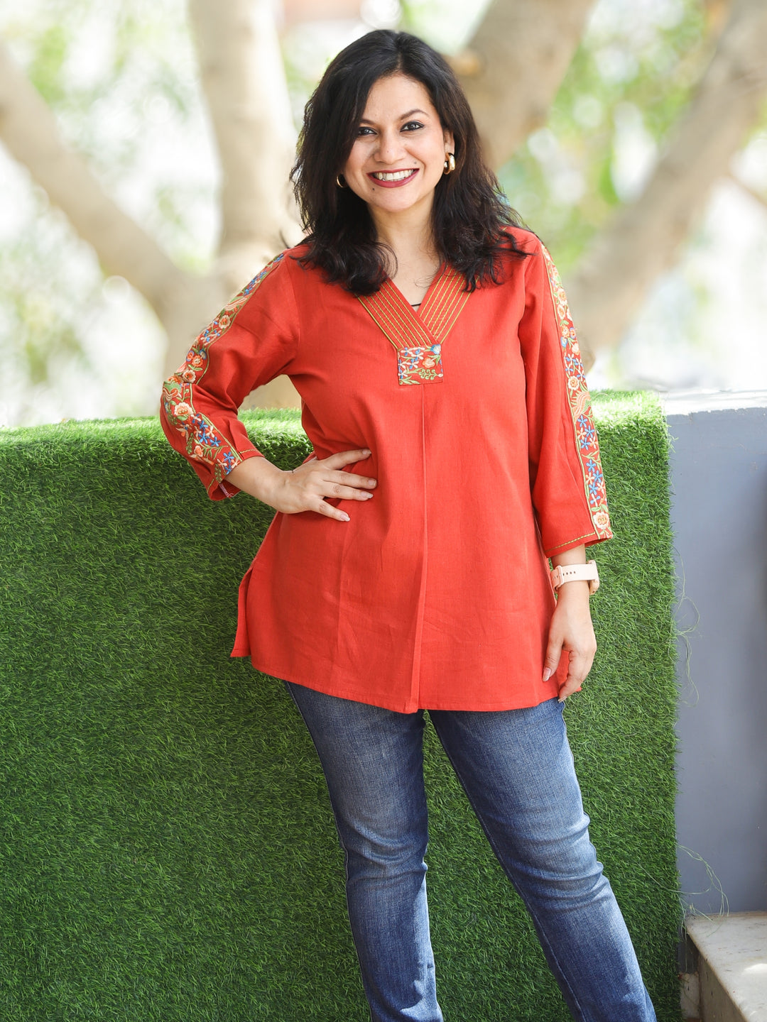 Belliza Rust Orange with Embroidered V Neck and Sleeve Work Short Cotton Kurti