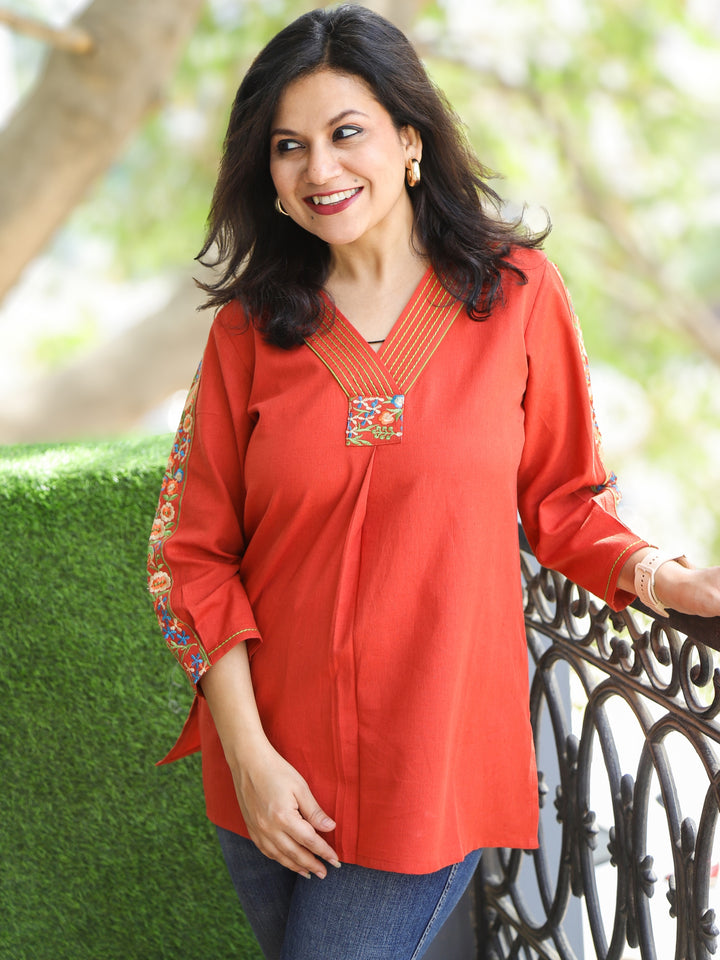 Belliza Rust Orange with Embroidered V Neck and Sleeve Work Short Cotton Kurti
