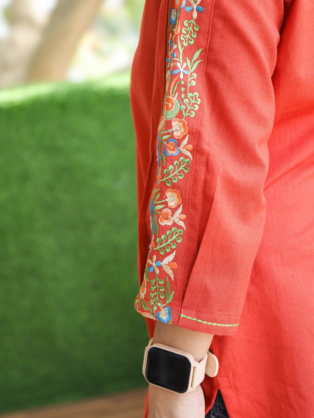 Belliza Rust Orange with Embroidered V Neck and Sleeve Work Short Cotton Kurti