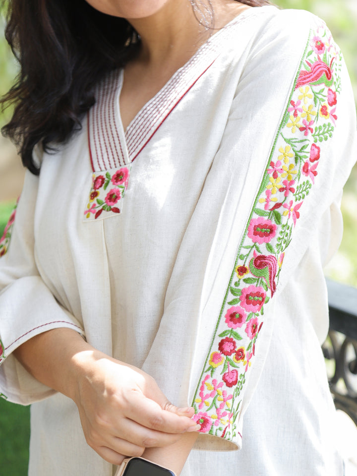 Belliza Pearl White with Embroidered V Neck and Sleeve Work Short Cotton Kurti