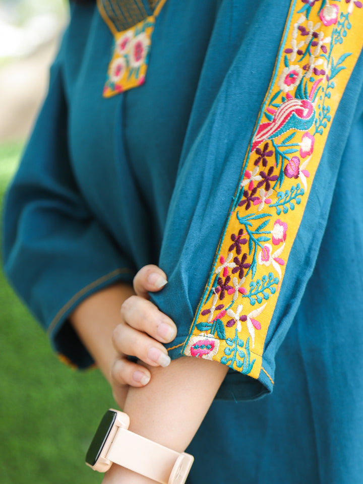 Belliza Royal Teal with Embroidered V Neck and Sleeve Work Short Cotton Kurti