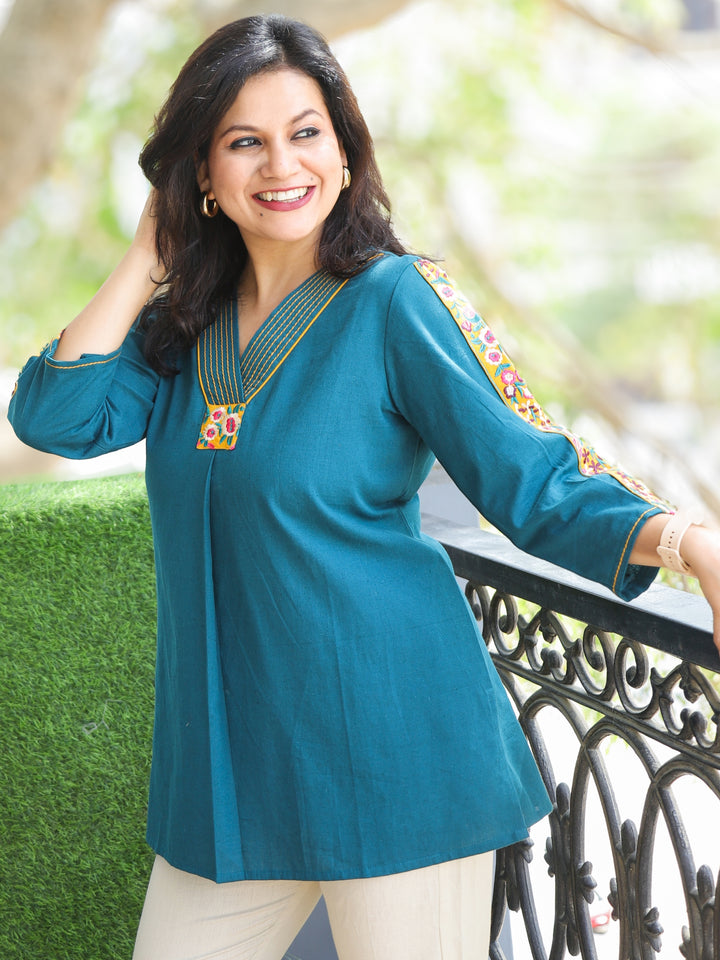 Belliza Royal Teal with Embroidered V Neck and Sleeve Work Short Cotton Kurti