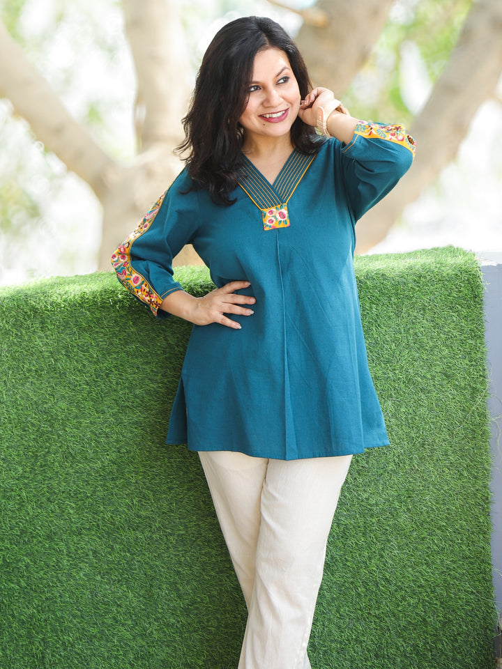 Belliza Royal Teal with Embroidered V Neck and Sleeve Work Short Cotton Kurti