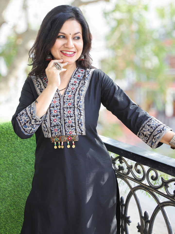 Akhiyaan Night Black Kalamkari Print Patch with Coin Work Cotton 2 Piece Set