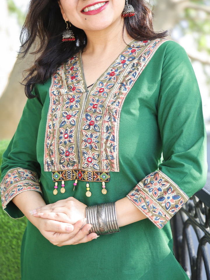 Akhiyaan Forest Green Kalamkari Print Patch with Coin Work Cotton 2 Piece Set