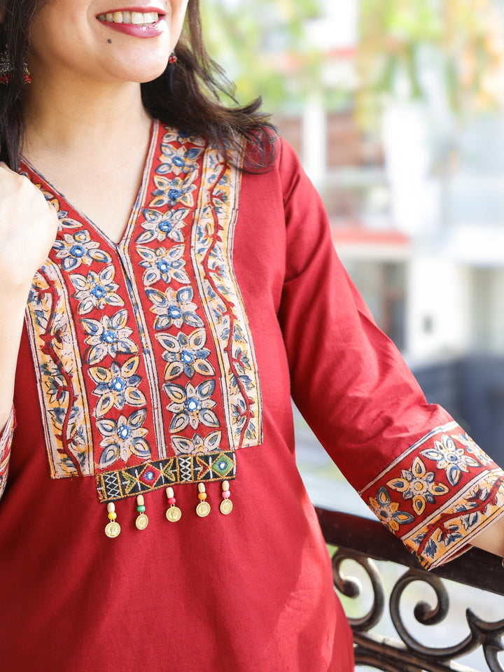 Akhiyaan Berry Red Kalamkari Print Patch with Coin Work Cotton 2 Piece Set