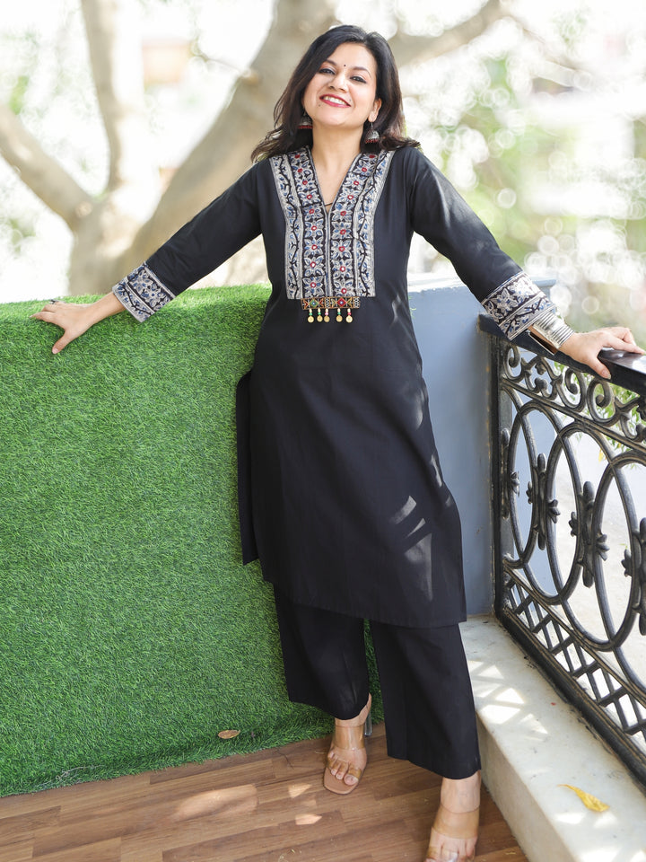 Akhiyaan Night Black Kalamkari Print Patch with Coin Work Cotton 2 Piece Set