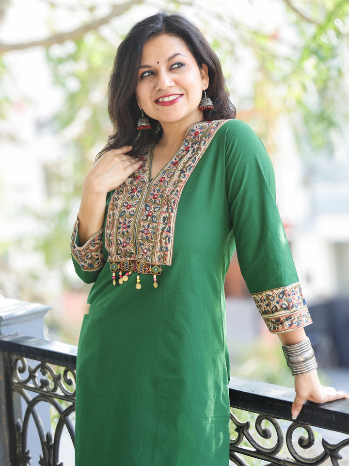 Akhiyaan Forest Green Kalamkari Print Patch with Coin Work Cotton 2 Piece Set