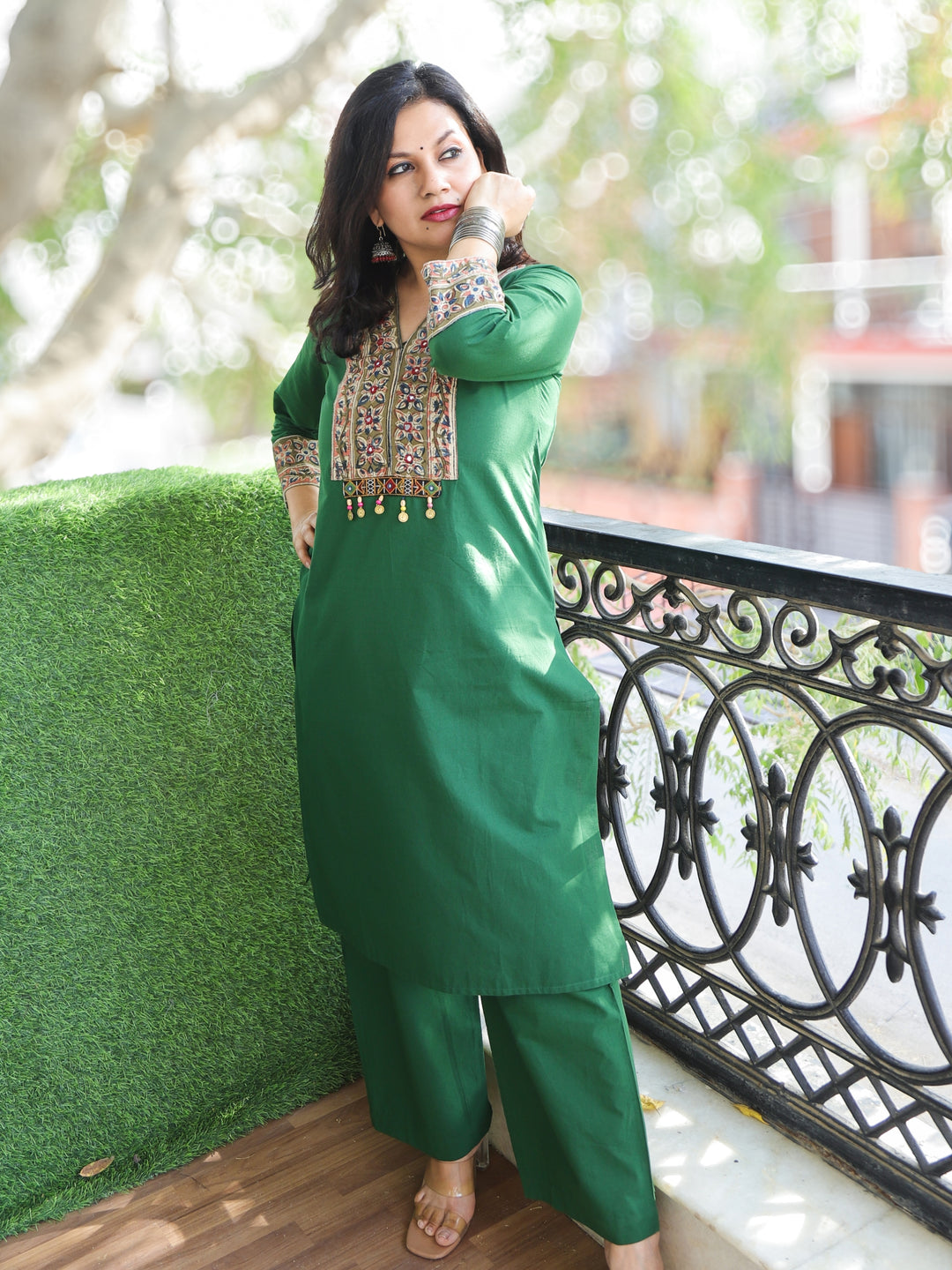 Akhiyaan Forest Green Kalamkari Print Patch with Coin Work Cotton 2 Piece Set