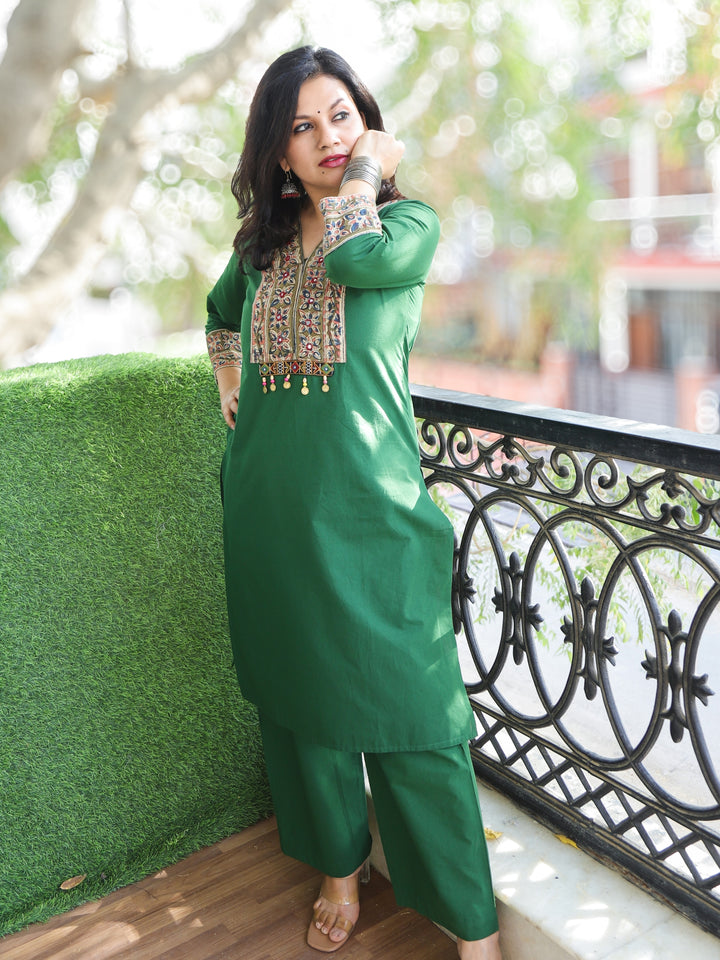 Akhiyaan Forest Green Kalamkari Print Patch with Coin Work Cotton 2 Piece Set