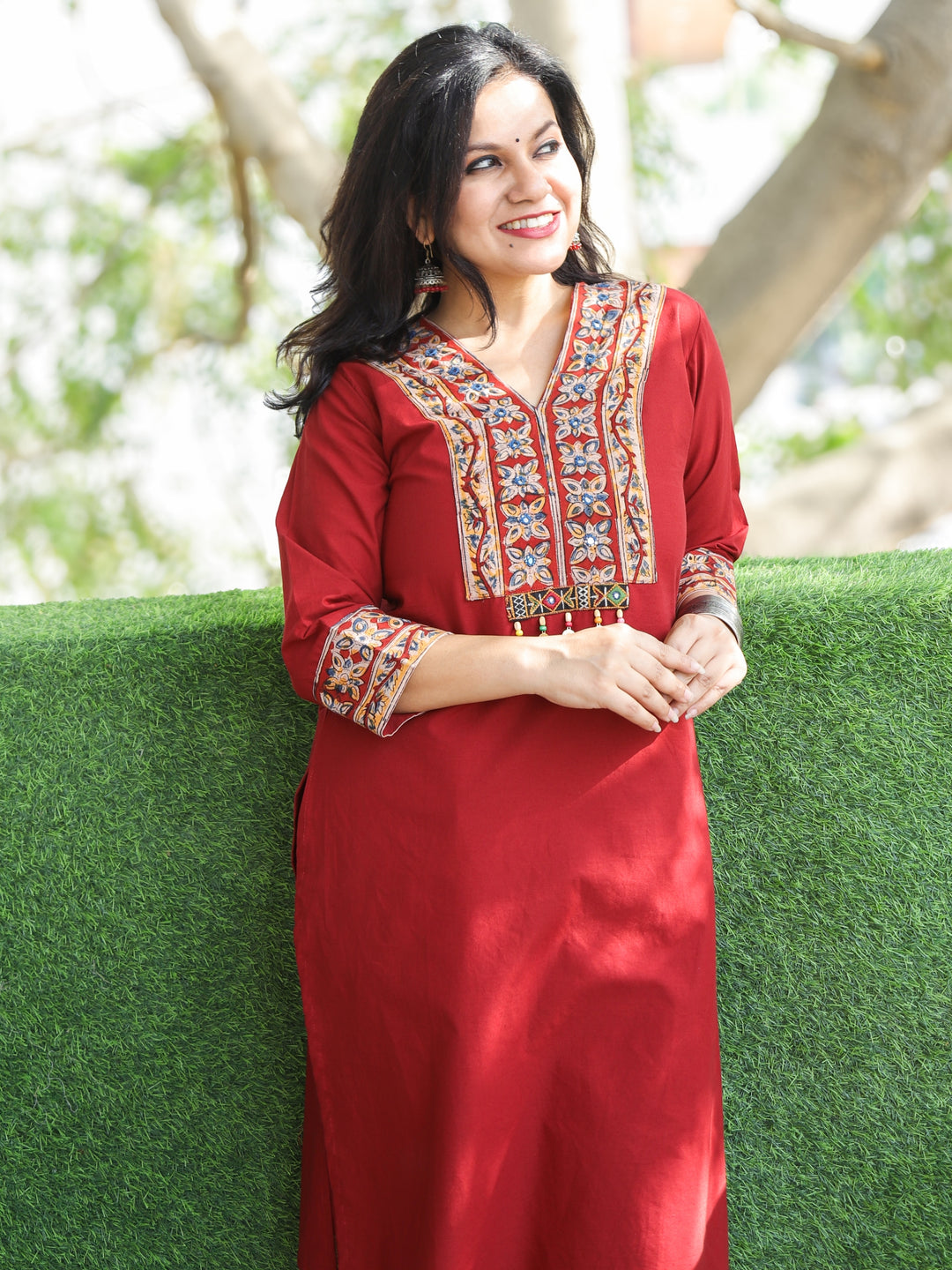 Akhiyaan Berry Red Kalamkari Print Patch with Coin Work Cotton 2 Piece Set