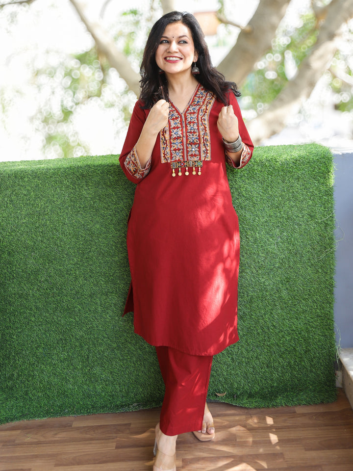 Akhiyaan Berry Red Kalamkari Print Patch with Coin Work Cotton 2 Piece Set