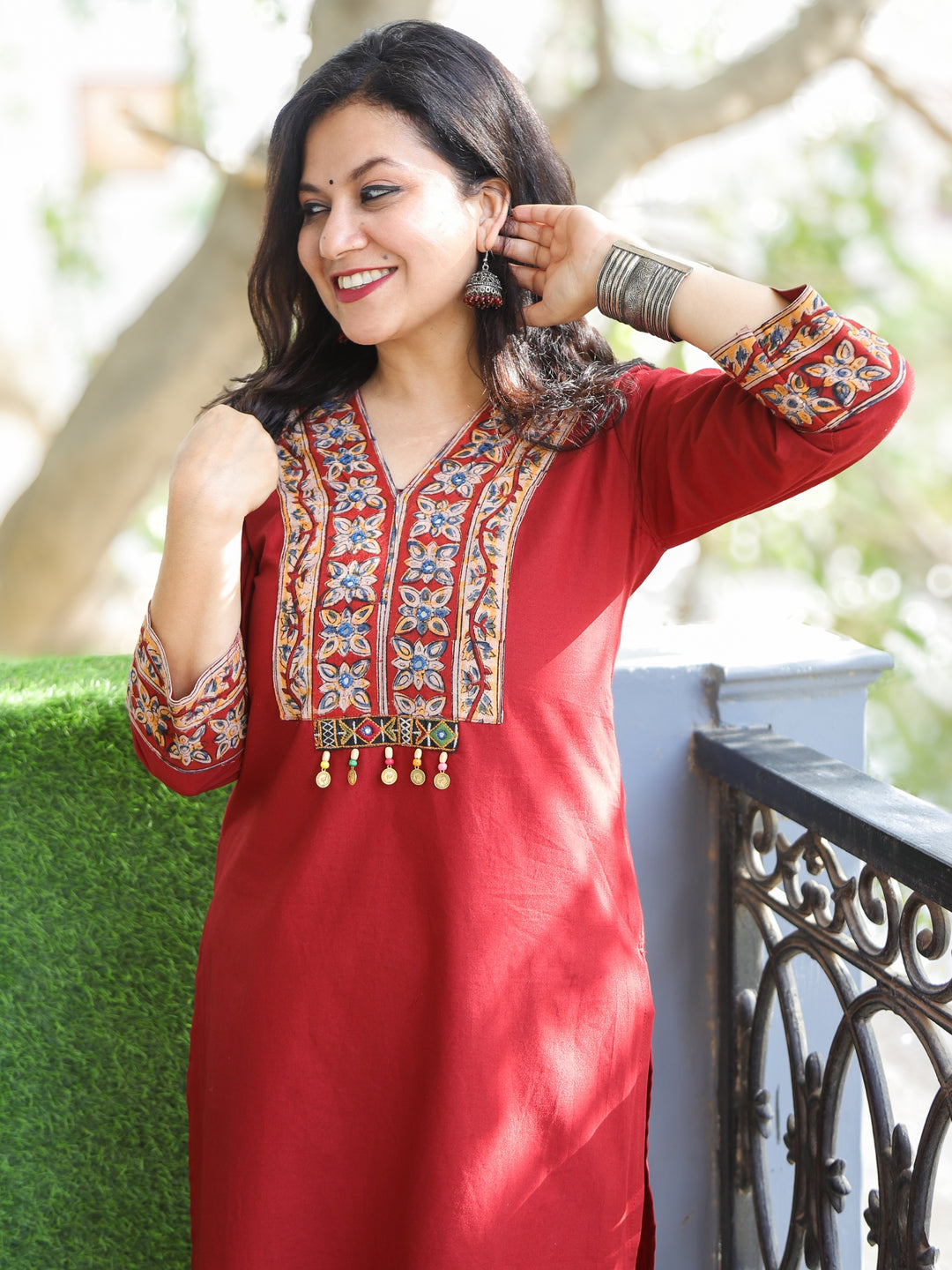 Akhiyaan Berry Red Kalamkari Print Patch with Coin Work Cotton 2 Piece Set