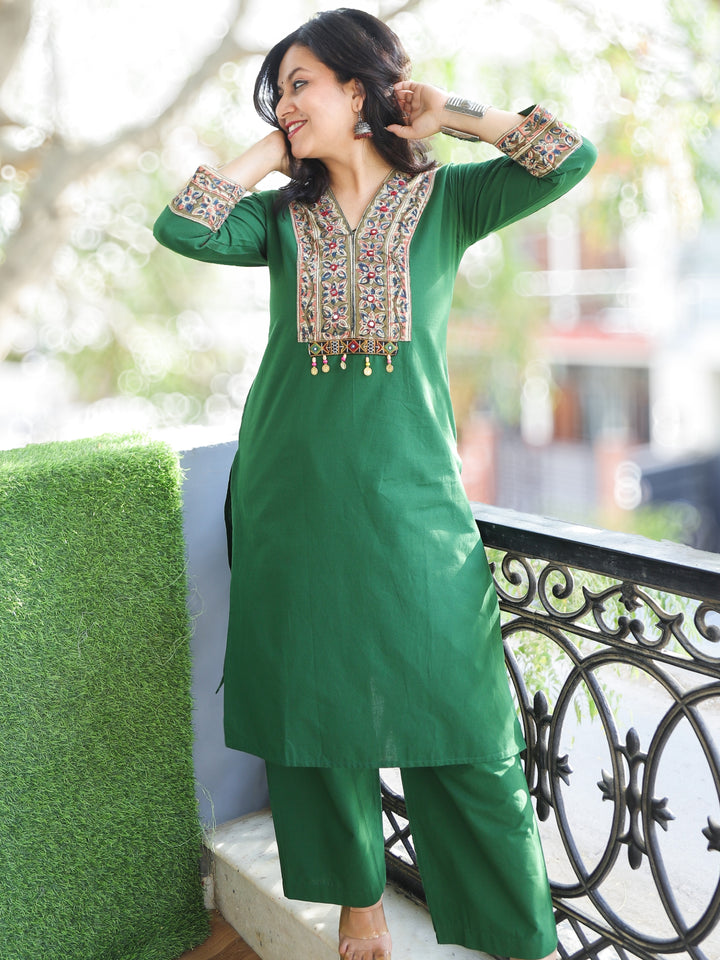Akhiyaan Forest Green Kalamkari Print Patch with Coin Work Cotton 2 Piece Set