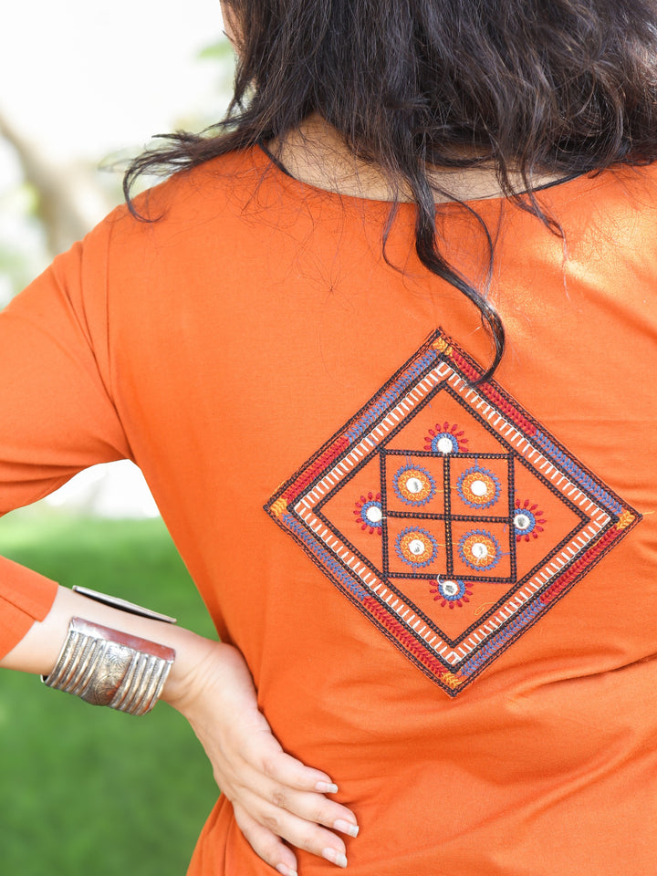 Akhiyaan Tangerine Orange Thread Embroidered Neck Work Cotton 2 Piece Set