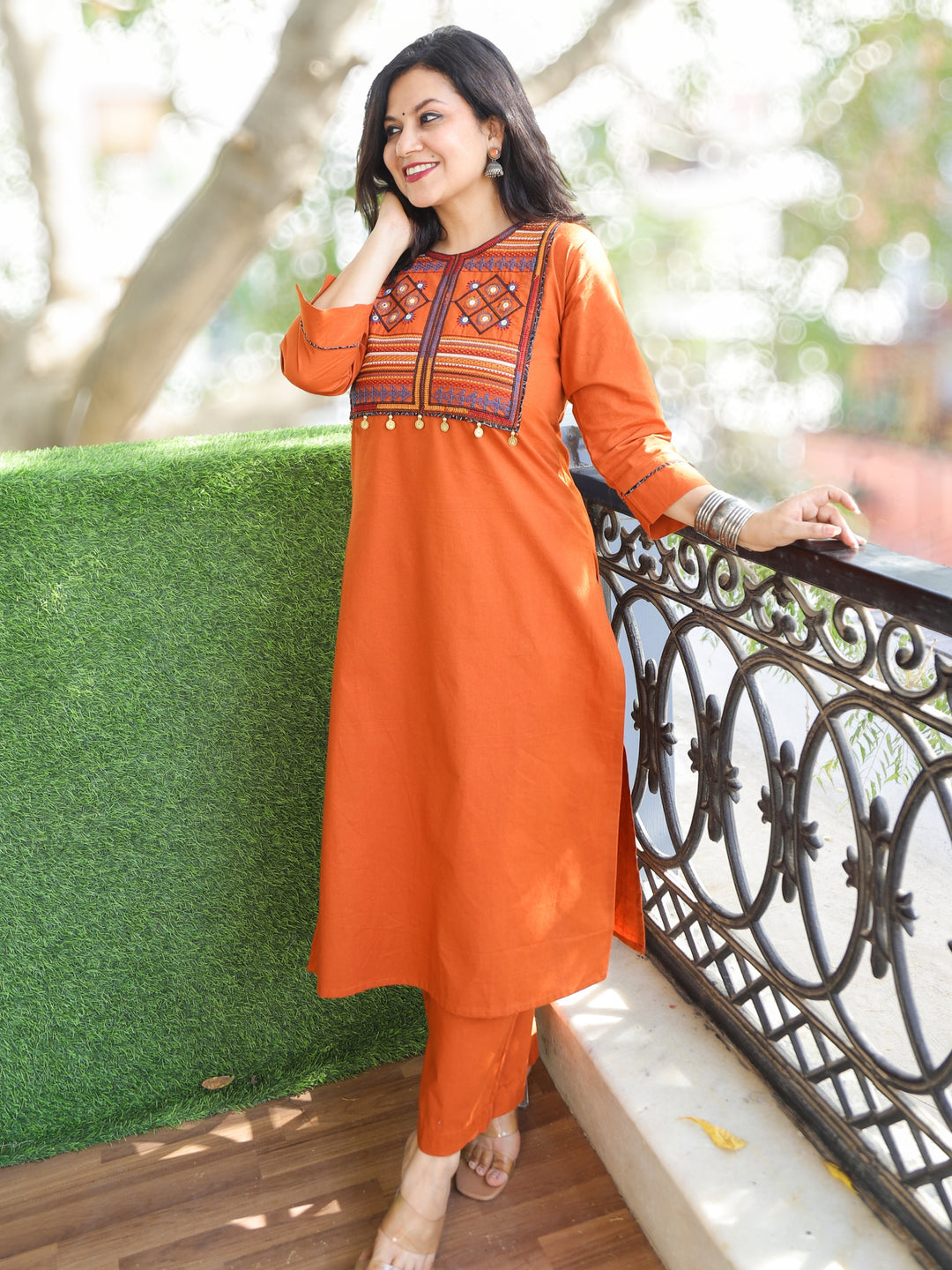 Akhiyaan Tangerine Orange Thread Embroidered Neck Work Cotton 2 Piece Set